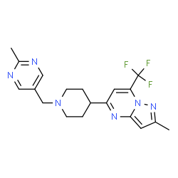 ChemSpider 2D Image | 2-Methyl-5-{1-[(2-methyl-5-pyrimidinyl)methyl]-4-piperidinyl}-7-(trifluoromethyl)pyrazolo[1,5-a]pyrimidine | C19H21F3N6