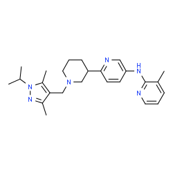 ChemSpider 2D Image | N-(6-{1-[(1-Isopropyl-3,5-dimethyl-1H-pyrazol-4-yl)methyl]-3-piperidinyl}-3-pyridinyl)-3-methyl-2-pyridinamine | C25H34N6