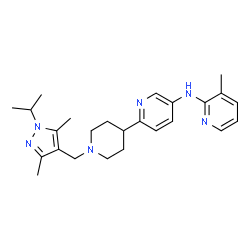 ChemSpider 2D Image | N-(6-{1-[(1-Isopropyl-3,5-dimethyl-1H-pyrazol-4-yl)methyl]-4-piperidinyl}-3-pyridinyl)-3-methyl-2-pyridinamine | C25H34N6