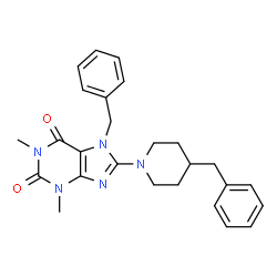 ChemSpider 2D Image | 7-benzyl-8-(4-benzylpiperidin-1-yl)-1,3-dimethyl-1H-purine-2,6(3H,7H)-dione | C26H29N5O2