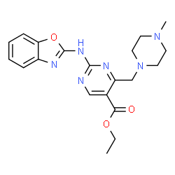 ChemSpider 2D Image | Ethyl 2-(1,3-benzoxazol-2-ylamino)-4-[(4-methyl-1-piperazinyl)methyl]-5-pyrimidinecarboxylate | C20H24N6O3