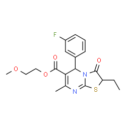 ChemSpider 2D Image | 2-Methoxyethyl 2-ethyl-5-(3-fluorophenyl)-7-methyl-3-oxo-2,3-dihydro-5H-[1,3]thiazolo[3,2-a]pyrimidine-6-carboxylate | C19H21FN2O4S