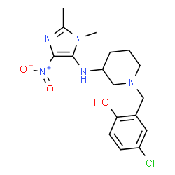 ChemSpider 2D Image | 4-Chloro-2-({3-[(1,2-dimethyl-4-nitro-1H-imidazol-5-yl)amino]-1-piperidinyl}methyl)phenol | C17H22ClN5O3