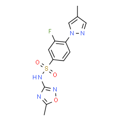 ChemSpider 2D Image | 3-Fluoro-N-(5-methyl-1,2,4-oxadiazol-3-yl)-4-(4-methyl-1H-pyrazol-1-yl)benzenesulfonamide | C13H12FN5O3S