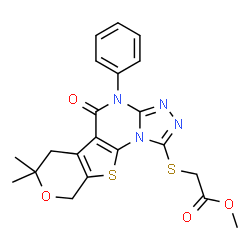 ChemSpider 2D Image | Methyl [(7,7-dimethyl-5-oxo-4-phenyl-4,5,6,9-tetrahydro-7H-pyrano[4',3':4,5]thieno[3,2-e][1,2,4]triazolo[4,3-a]pyrimidin-1-yl)sulfanyl]acetate | C21H20N4O4S2