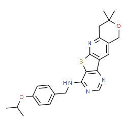 ChemSpider 2D Image | N-(4-Isopropoxybenzyl)-8,8-dimethyl-7,10-dihydro-8H-pyrano[3'',4'':5',6']pyrido[3',2':4,5]thieno[3,2-d]pyrimidin-4-amine | C24H26N4O2S