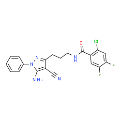 ChemSpider 2D Image | N-[3-(5-Amino-4-cyano-1-phenyl-1H-pyrazol-3-yl)propyl]-2-chloro-4,5-difluorobenzamide | C20H16ClF2N5O