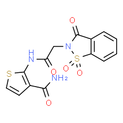 ChemSpider 2D Image | 2-{[(1,1-Dioxido-3-oxo-1,2-benzothiazol-2(3H)-yl)acetyl]amino}-3-thiophenecarboxamide | C14H11N3O5S2