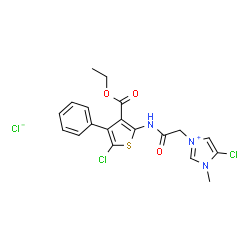 ChemSpider 2D Image | 5-Chloro-3-(2-{[5-chloro-3-(ethoxycarbonyl)-4-phenyl-2-thienyl]amino}-2-oxoethyl)-1-methyl-1H-imidazol-3-ium chloride | C19H18Cl3N3O3S