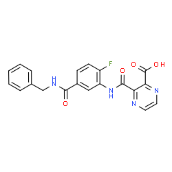 ChemSpider 2D Image | 3-{[5-(Benzylcarbamoyl)-2-fluorophenyl]carbamoyl}-2-pyrazinecarboxylic acid | C20H15FN4O4