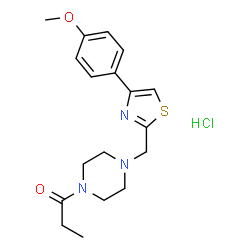 ChemSpider 2D Image | 1-(4-{[4-(4-Methoxyphenyl)-1,3-thiazol-2-yl]methyl}-1-piperazinyl)-1-propanone hydrochloride (1:1) | C18H24ClN3O2S