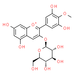 ChemSpider 2D Image | 2-(3,5-Dihydroxy-4-methoxyphenyl)-5,7-dihydroxy-3-chromeniumyl beta-D-glucopyranoside | C22H23O12