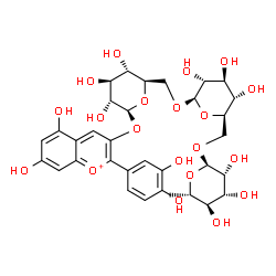ChemSpider 2D Image | 2-(3,4-Dihydroxyphenyl)-5,7-dihydroxy-3-chromeniumyl 6-deoxy-alpha-L-mannopyranosyl-(1->6)-beta-D-glucopyranosyl-(1->6)-beta-D-glucopyranoside | C33H41O20