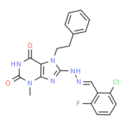 ChemSpider 2D Image | 8-[(2E)-2-(2-Chloro-6-fluorobenzylidene)hydrazino]-3-methyl-7-(2-phenylethyl)-3,7-dihydro-1H-purine-2,6-dione | C21H18ClFN6O2