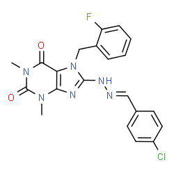 ChemSpider 2D Image | 8-[(2E)-2-(4-Chlorobenzylidene)hydrazino]-7-(2-fluorobenzyl)-1,3-dimethyl-3,7-dihydro-1H-purine-2,6-dione | C21H18ClFN6O2
