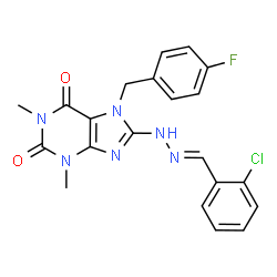 ChemSpider 2D Image | 8-[(2E)-2-(2-Chlorobenzylidene)hydrazino]-7-(4-fluorobenzyl)-1,3-dimethyl-3,7-dihydro-1H-purine-2,6-dione | C21H18ClFN6O2
