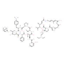 ChemSpider 2D Image | N-{(6R,9S,10R,13S,22S,24aS)-18-{[(3S)-1-Azabicyclo[2.2.2]oct-3-ylsulfanyl]methyl}-22-[4-(dimethylamino)benzyl]-6-ethyl-10,23-dimethyl-5,8,12,15,17,21,24-heptaoxo-13-phenyldocosahydro-12H-pyrido[2,1-f]
pyrrolo[2,1-l][1,4,7,10,13,16]oxapentaazacyclononadecin-9-yl}-3-hydroxy-2-pyridinecarboxamide - (6R,10R,11R,12E,17E,19E,21S)-6-{[2-(diethylamino)ethyl]sulfonyl}-21-hydroxy-10-isopropyl-11,19-dimethyl-
9,26-dioxa-3,15,28-triazatricyclo[23.2.1.0~3 | C87H117N13O19S2