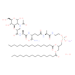 ChemSpider 2D Image | Sodium (5S,10R,13S,16R)-16-{[(3R,4R,5S,6R)-3-acetamido-2,5-dihydroxy-6-(hydroxymethyl)tetrahydro-2H-pyran-4-yl]oxy}-10-carbamoyl-5,13-dimethyl-4,7,12,15-tetraoxo-3,6,11,14-tetraazaheptadec-1-yl 2,3-bi
s(palmitoyloxy)propyl phosphate hydrate (1:1:1) | C59H110N6NaO20P