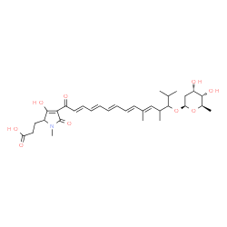 ChemSpider 2D Image | 3-(4-{(2E,4E,6E,8E,10E)-13-[(2,6-Dideoxy-beta-D-ribo-hexopyranosyl)oxy]-10,12,14-trimethyl-2,4,6,8,10-pentadecapentaenoyl}-3-hydroxy-1-methyl-5-oxo-2,5-dihydro-1H-pyrrol-2-yl)propanoic acid | C32H45NO9
