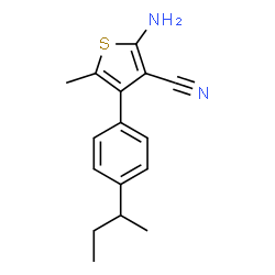 ChemSpider 2D Image | 2-Amino-4-(4-sec-butylphenyl)-5-methyl-3-thiophenecarbonitrile | C16H18N2S