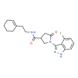 ChemSpider 2D Image | N-[2-(1-Cyclohexen-1-yl)ethyl]-1-(4-fluoro-1H-indazol-3-yl)-5-oxo-3-pyrrolidinecarboxamide | C20H23FN4O2