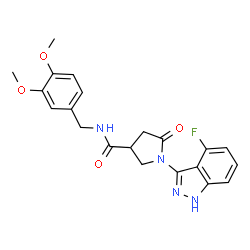 ChemSpider 2D Image | N-(3,4-Dimethoxybenzyl)-1-(4-fluoro-1H-indazol-3-yl)-5-oxo-3-pyrrolidinecarboxamide | C21H21FN4O4