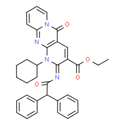 ChemSpider 2D Image | Ethyl (2Z)-1-cyclohexyl-2-[(diphenylacetyl)imino]-5-oxo-1,5-dihydro-2H-dipyrido[1,2-a:2',3'-d]pyrimidine-3-carboxylate | C34H32N4O4