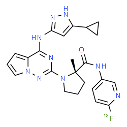 ChemSpider 2D Image | 1-{4-[(5-Cyclopropyl-1H-pyrazol-3-yl)amino]pyrrolo[2,1-f][1,2,4]triazin-2-yl}-N-[6-(~18~F)fluoro-3-pyridinyl]-2-methyl-L-prolinamide | C23H2418FN9O