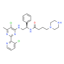 ChemSpider 2D Image | N-[(1R)-2-{[5-Chloro-2-(3-chloro-2-pyridinyl)-6-methyl-4-pyrimidinyl]amino}-1-phenylethyl]-4-(1-piperazinyl)butanamide | C26H31Cl2N7O