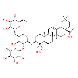 ChemSpider 2D Image | (3beta)-3-{[6-Deoxy-alpha-L-mannopyranosyl-(1->2)-[(5R)-5-ethyl-beta-D-xylopyranosyl-(1->4)]-alpha-L-arabinopyranosyl]oxy}-23-hydroxyolean-12-en-28-oic acid | C48H78O16