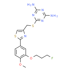 ChemSpider 2D Image | 6-[({2-[3-(3-Fluoropropoxy)-4-methoxyphenyl]-1,3-thiazol-4-yl}methyl)sulfanyl]-1,3,5-triazine-2,4-diamine | C17H19FN6O2S2