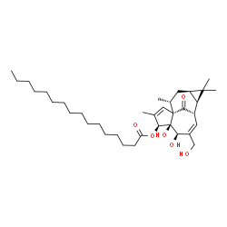 ChemSpider 2D Image | (1S,4S,5S,6R,9S,10R,12R,14R)-5,6-Dihydroxy-7-(hydroxymethyl)-3,11,11,14-tetramethyl-15-oxotetracyclo[7.5.1.0~1,5~.0~10,12~]pentadeca-2,7-dien-4-yl palmitate | C36H58O6