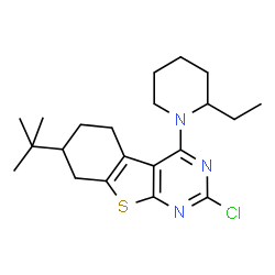 ChemSpider 2D Image | 2-Chloro-4-(2-ethyl-1-piperidinyl)-7-(2-methyl-2-propanyl)-5,6,7,8-tetrahydro[1]benzothieno[2,3-d]pyrimidine | C21H30ClN3S