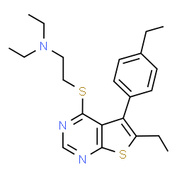 ChemSpider 2D Image | N,N-Diethyl-2-{[6-ethyl-5-(4-ethylphenyl)thieno[2,3-d]pyrimidin-4-yl]sulfanyl}ethanamine | C22H29N3S2