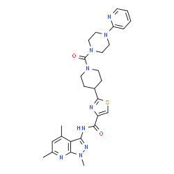 ChemSpider 2D Image | 2-(1-{[4-(2-Pyridinyl)-1-piperazinyl]carbonyl}-4-piperidinyl)-N-(1,4,6-trimethyl-1H-pyrazolo[3,4-b]pyridin-3-yl)-1,3-thiazole-4-carboxamide | C28H33N9O2S
