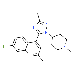 ChemSpider 2D Image | 7-Fluoro-2-methyl-4-[3-methyl-1-(1-methyl-4-piperidinyl)-1H-1,2,4-triazol-5-yl]quinoline | C19H22FN5