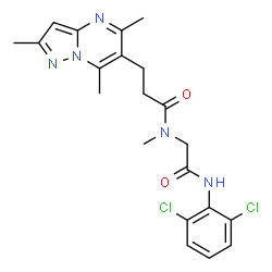 ChemSpider 2D Image | N-{2-[(2,6-Dichlorophenyl)amino]-2-oxoethyl}-N-methyl-3-(2,5,7-trimethylpyrazolo[1,5-a]pyrimidin-6-yl)propanamide | C21H23Cl2N5O2