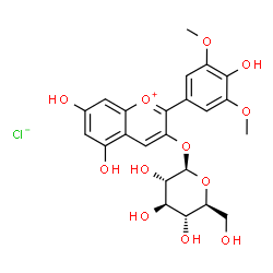 ChemSpider 2D Image | 5,7-Dihydroxy-2-(4-hydroxy-3,5-dimethoxyphenyl)-3-chromeniumyl beta-L-glucopyranoside chloride | C23H25ClO12