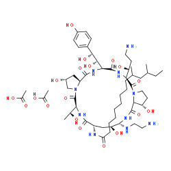 ChemSpider 2D Image | N-{(2R,6S,9S,11S,12S,15S,20S,23S,25aS)-12-[(2-Aminoethyl)amino]-20-[(1R)-3-amino-1-hydroxypropyl]-23-[(1S,2S)-1,2-dihydroxy-2-(4-hydroxyphenyl)ethyl]-2,11,15-trihydroxy-6-[(1R)-1-hydroxyethyl]-5,8,14,
19,22,25-hexaoxotetracosahydro-1H-dipyrrolo[2,1-c:2',1'-l][1,4,7,10,13,16]hexaazacyclohenicosin-9-yl}-10,12-dimethyltetradecanamide acetate (1:2) | C56H96N10O19