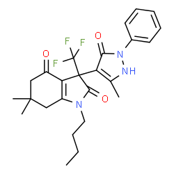 ChemSpider 2D Image | 1-Butyl-6,6-dimethyl-3-(5-methyl-3-oxo-2-phenyl-2,3-dihydro-1H-pyrazol-4-yl)-3-(trifluoromethyl)-3,5,6,7-tetrahydro-1H-indole-2,4-dione | C25H28F3N3O3