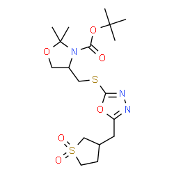 ChemSpider 2D Image | 2-Methyl-2-propanyl 4-[({5-[(1,1-dioxidotetrahydro-3-thiophenyl)methyl]-1,3,4-oxadiazol-2-yl}sulfanyl)methyl]-2,2-dimethyl-1,3-oxazolidine-3-carboxylate | C18H29N3O6S2