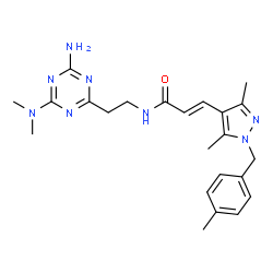 ChemSpider 2D Image | (2E)-N-{2-[4-Amino-6-(dimethylamino)-1,3,5-triazin-2-yl]ethyl}-3-[3,5-dimethyl-1-(4-methylbenzyl)-1H-pyrazol-4-yl]acrylamide | C23H30N8O