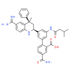 ChemSpider 2D Image | 3'-[(2S,4R)-6-Carbamimidoyl-4-methyl-4-phenyl-1,2,3,4-tetrahydro-2-quinolinyl]-4-carbamoyl-5'-[(3-methylbutanoyl)amino]-2-biphenylcarboxylic acid | C36H37N5O4