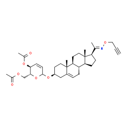 ChemSpider 2D Image | (3beta,20E)-20-[(2-Propyn-1-yloxy)imino]pregn-5-en-3-yl 4,6-di-O-acetyl-2,3-dideoxy-D-erythro-hex-2-enopyranoside | C34H47NO7