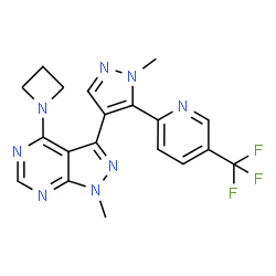 ChemSpider 2D Image | 4-(1-Azetidinyl)-1-methyl-3-{1-methyl-5-[5-(trifluoromethyl)-2-pyridinyl]-1H-pyrazol-4-yl}-1H-pyrazolo[3,4-d]pyrimidine | C19H17F3N8