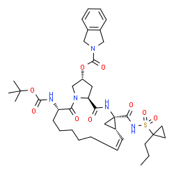 ChemSpider 2D Image | (2R,6S,12Z,13aS,14aR,16aS)-6-({[(2-Methyl-2-propanyl)oxy]carbonyl}amino)-5,16-dioxo-14a-{[(1-propylcyclopropyl)sulfonyl]carbamoyl}-1,2,3,5,6,7,8,9,10,11,13a,14,14a,15,16,16a-hexadecahydrocyclopropa[e]
pyrrolo[1,2-a][1,4]diazacyclopentadecin-2-yl 1,3-dihydro-2H-isoindole-2-carboxylate | C38H53N5O9S
