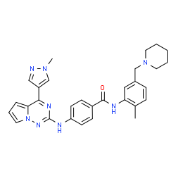 ChemSpider 2D Image | N-[2-Methyl-5-(1-piperidinylmethyl)phenyl]-4-{[4-(1-methyl-1H-pyrazol-4-yl)pyrrolo[2,1-f][1,2,4]triazin-2-yl]amino}benzamide | C30H32N8O