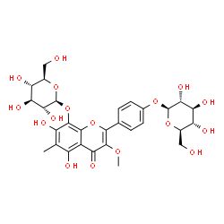 ChemSpider 2D Image | 4-[8-(beta-D-Glucopyranosyloxy)-5,7-dihydroxy-3-methoxy-6-methyl-4-oxo-4H-chromen-2-yl]phenyl beta-D-glucopyranoside | C29H34O17