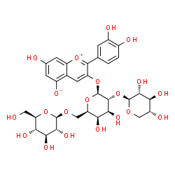 ChemSpider 2D Image | 2-(3,4-Dihydroxyphenyl)-3-{[beta-D-glucopyranosyl-(1->6)-[beta-D-xylopyranosyl-(1->2)]-beta-D-galactopyranosyl]oxy}-7-hydroxy-5-chromeniumolate | C32H38O20