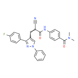 ChemSpider 2D Image | 4-({(2Z)-2-Cyano-3-[3-(4-fluorophenyl)-1-phenyl-1H-pyrazol-4-yl]-2-propenoyl}amino)-N,N-dimethylbenzamide | C28H22FN5O2